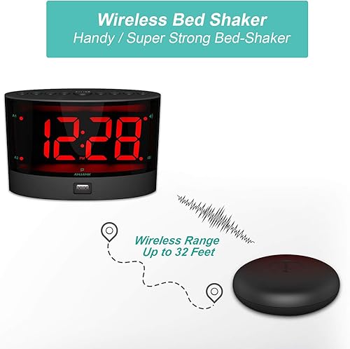 Miniatura 2 de ANJANK Reloj despertador extra fuerte con agitador de cama inalámbrico, doble alarma vibratoria para personas que duermen con mucha ansiedad, sordos