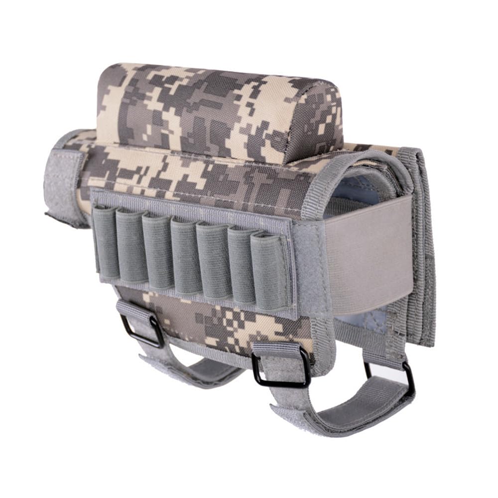 Aprllolg Rifle Buttstock,Rifle Stock Buttstock Pack Adjustable Tactical Cheek Pad Ammo Pouch with 7 Shells Holder for Hunting Shooting (Grey Camouflage)