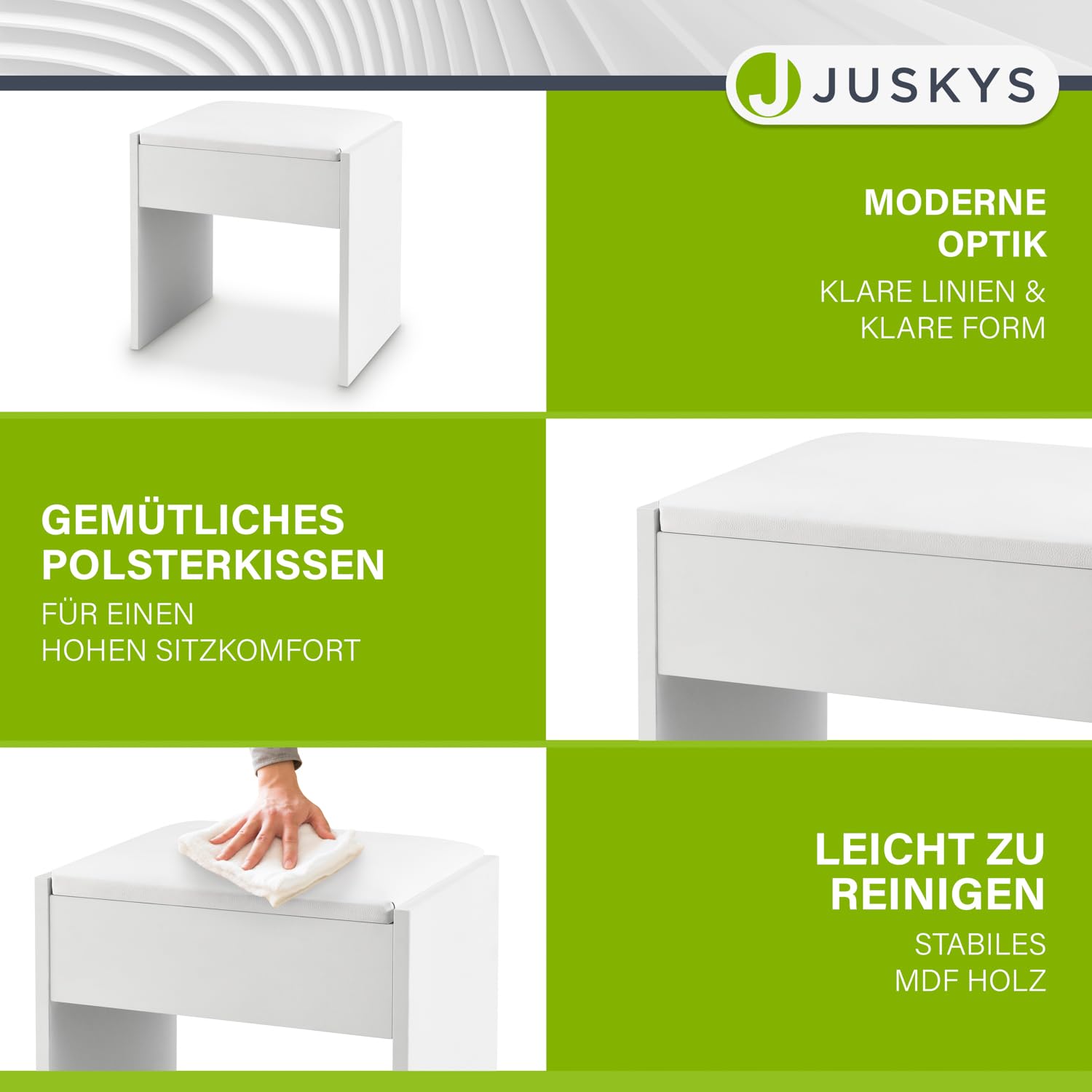 Juskys Schminktisch Hocker Melly, Sitzhocker aus Holz mit gepolstertem Kissen & Bezug aus Kunstleder, moderner Polsterhocker 40 x 30 x 43 cm in Weiß