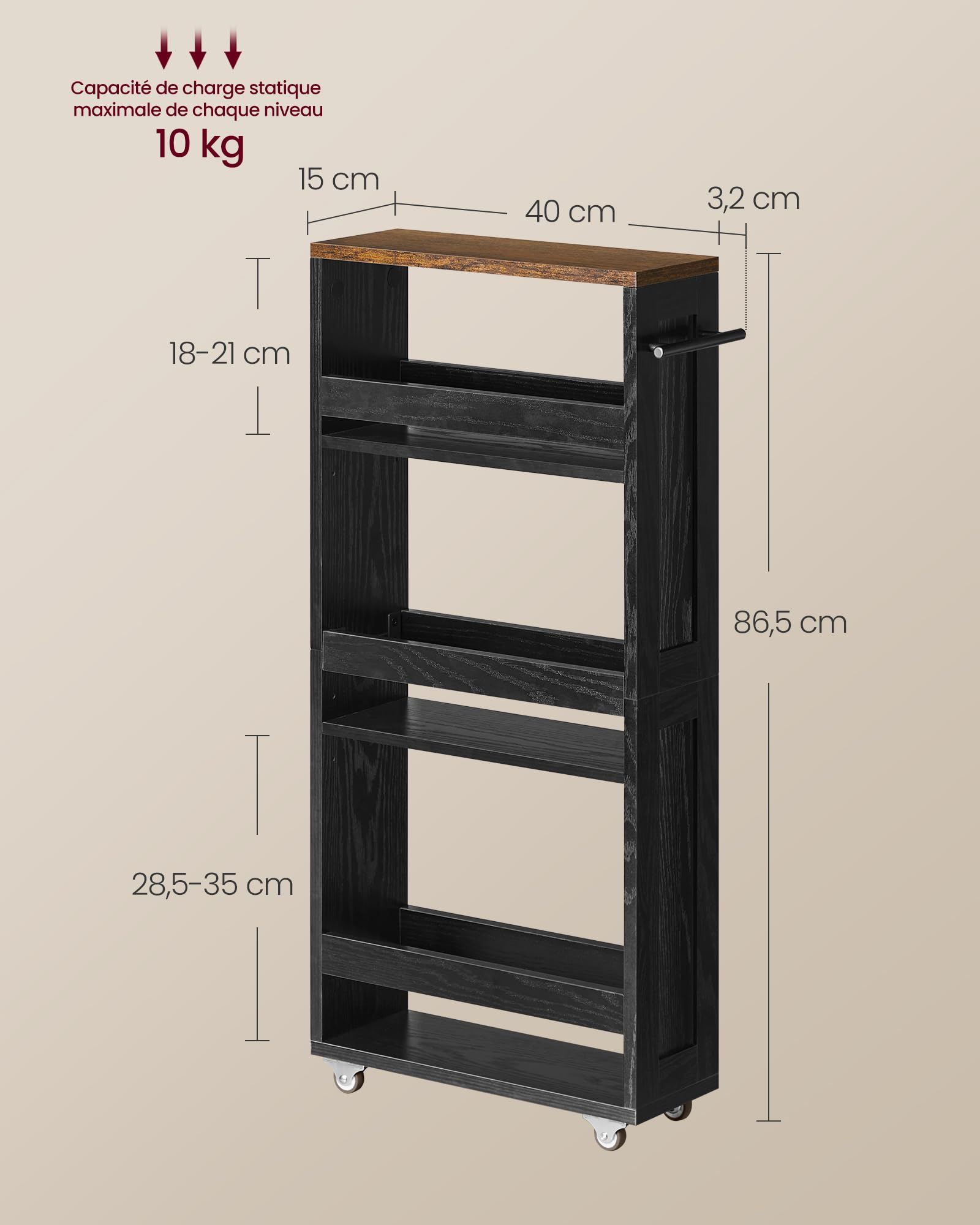 VASAGLE Chariot de Rangement Fin à 4 Niveaux, Étagère de Cuisine avec roulettes, avec Poignée, Petit Espace, 15 x 43,2 x 86,5 cm, Salle de Bain, Buanderie, Noir Boisé et Marron Rustique LRC050K02
