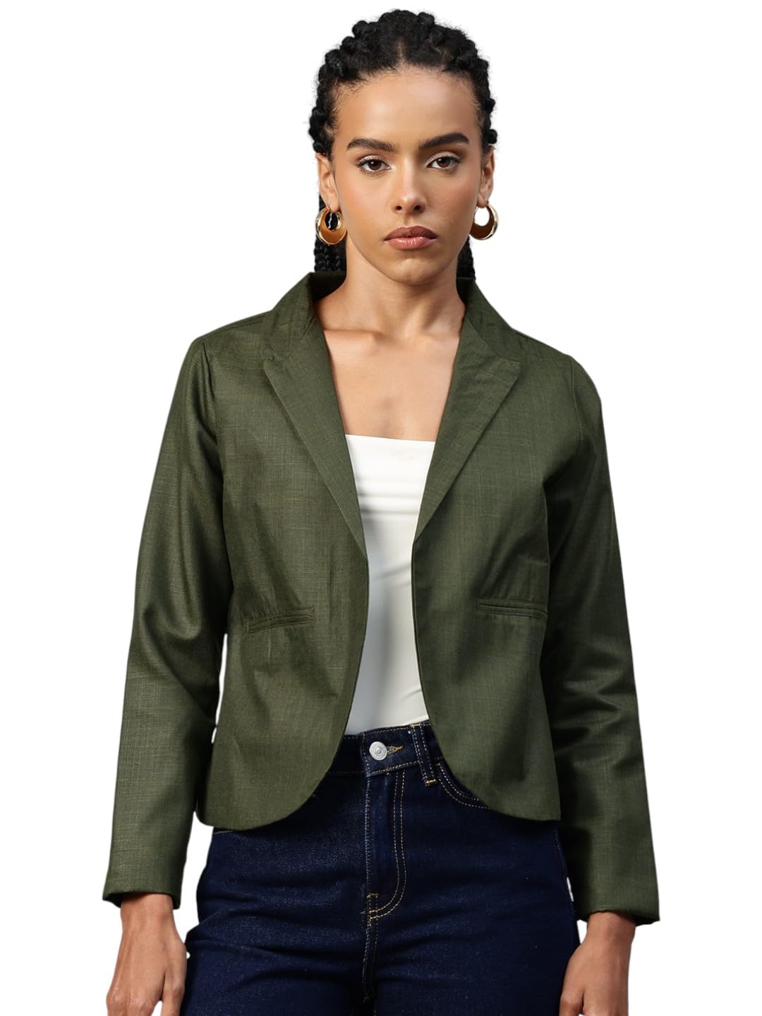 Olive Green Notched Lapel Collar Open Front Blazer-image-44
