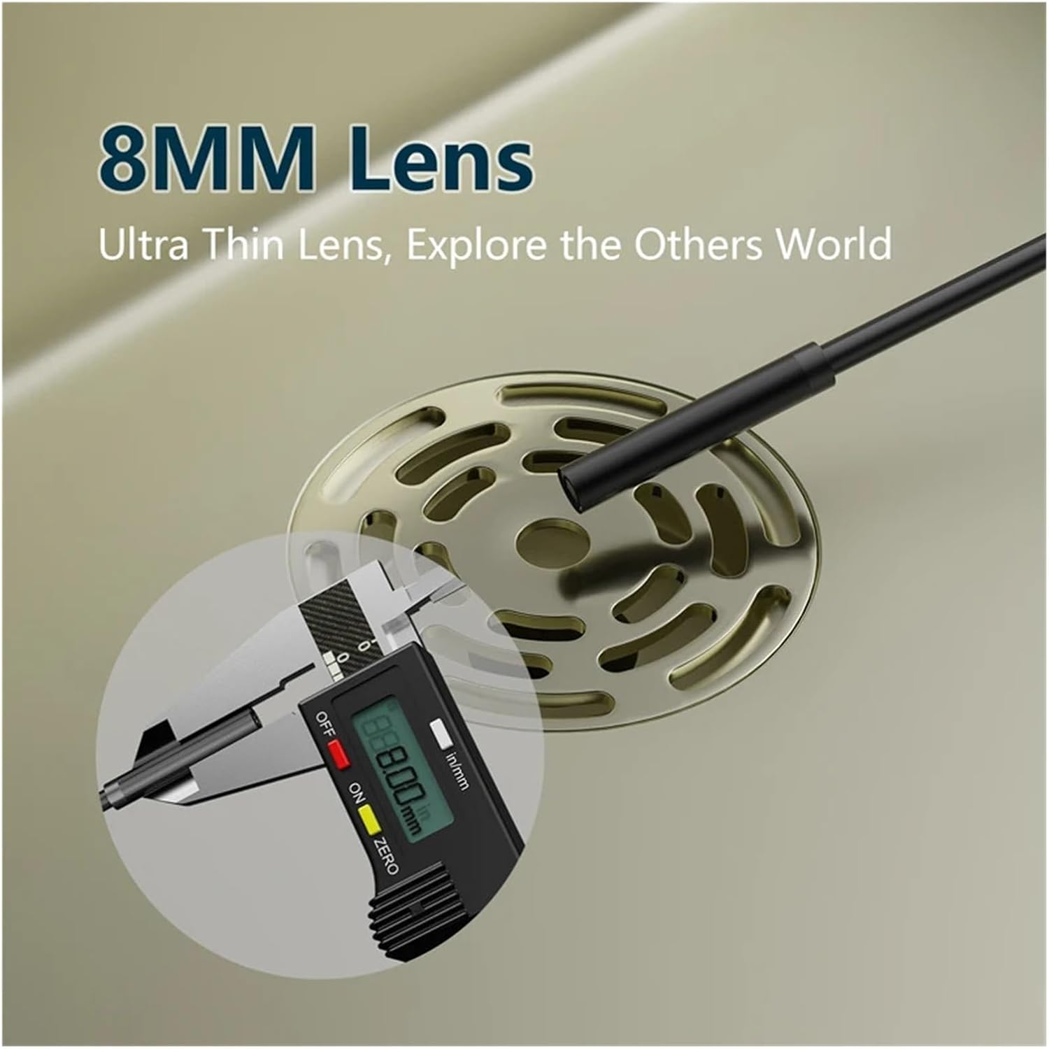 Image showing the 8mm ultra-thin lens of the endoscope, with a caliper measuring its diameter.