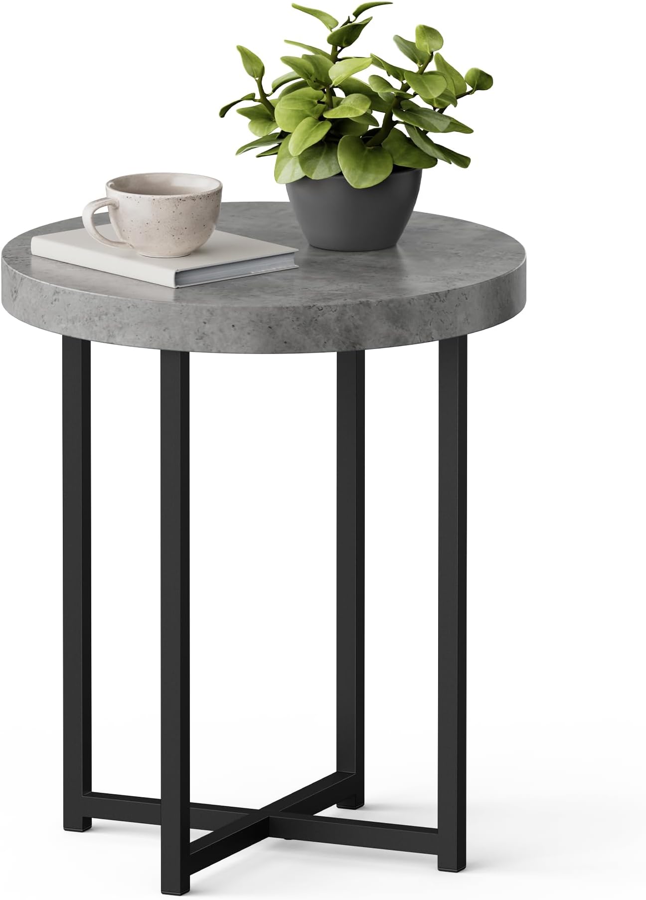 VonHaus Grey Side Table - Concrete Effect End Table – Living Room Table w/Industrial Black Legs – Round Small Table for Living Room, Dining Room, Lounge & Hallway – Circular Bedside Stand for Bedroom