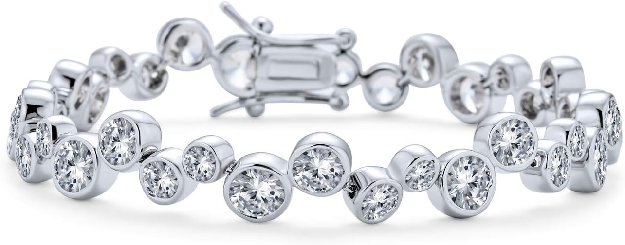 Modern Bride Bridal Zigzagged Staggered Geometric CZ Round Bezel Set Bubble AAA Cubic Zirconia Tennis Bracelet Necklace For Women Girlfriend Wedding, Prom Silver Plated 16 Inch 7, 7.5 Inches