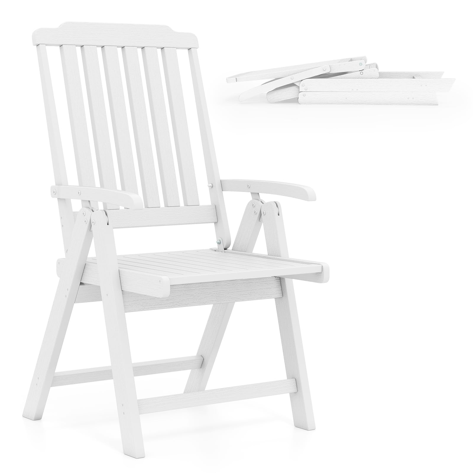 COSTWAY Folding Garden Chair, Portable Outdoor Dining Chair with Armrests, All-Weather HDPE Patio Bistro Seat for Balcony, Lawn and Poolside (White)