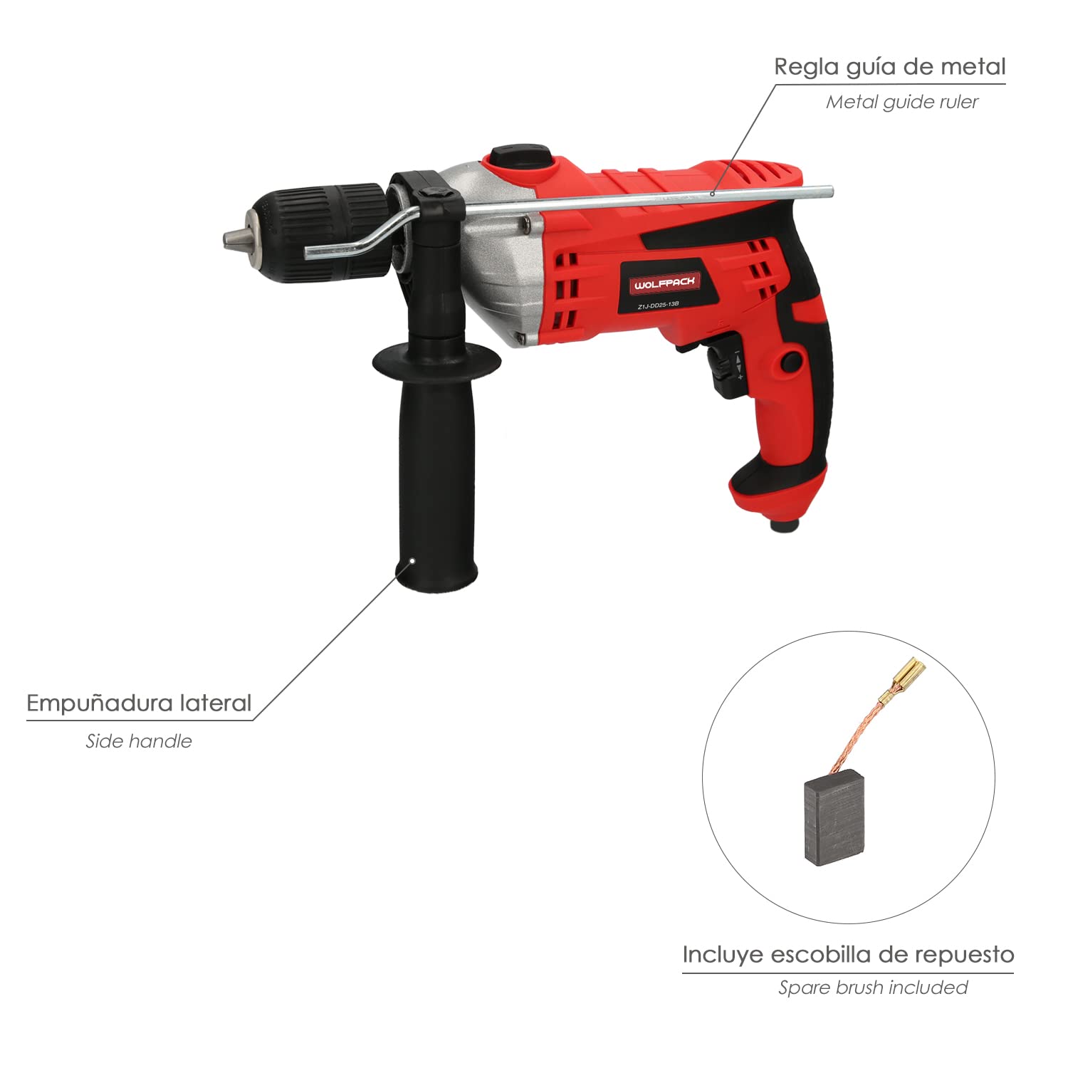 WOLFPACK LINEA PROFESIONAL Taladro Percutor Con Variador de Velocidad 1050 Watt. Incluye Maletín, Empuñadura y Guia Metalica.