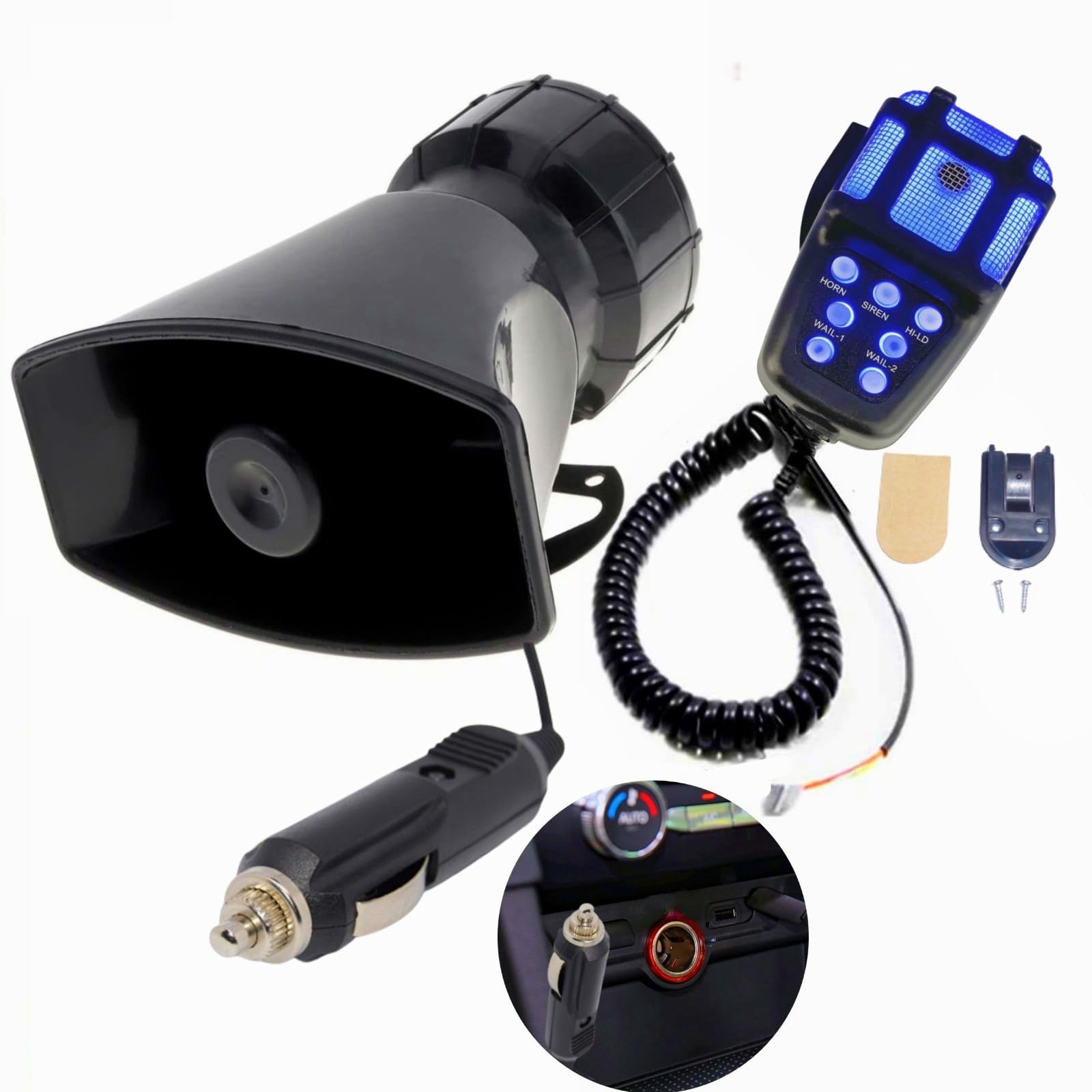 Klaxon d'avertissement de voiture Klaxon d'alarme Installation facile connexion allume-cigare 150db Sirène d'alarme 7 tons klaxon sirène avec Micro Système de haut-parleurs PA Klaxon auto