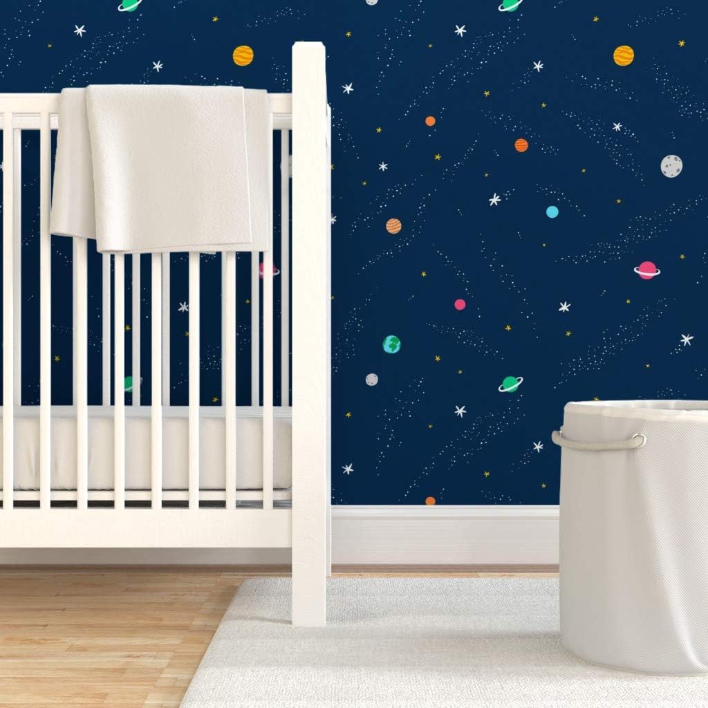 Peel & Stick Wallpaper Swatch - Space Blue Stars Cartoon Sky Doodle Science Planets Custom Removable Wallpaper by Spoonflower