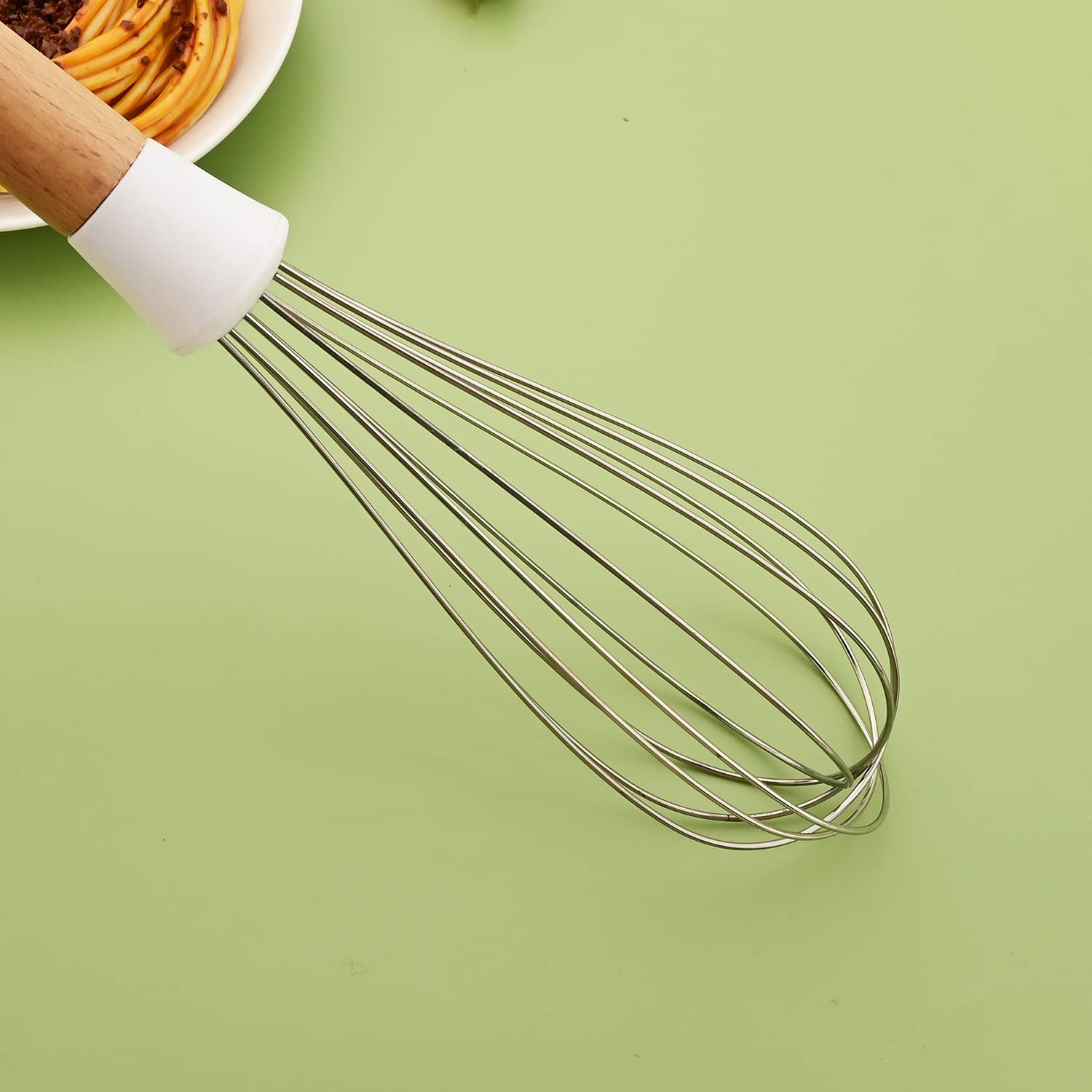 BRIIEC 1pc White with Colored Particles Silicone Egg Whisk, Balloon Egg Beater, Wooden Handle Cooking Utensils for Blending Whisking Beating Stirring Cooking Backing