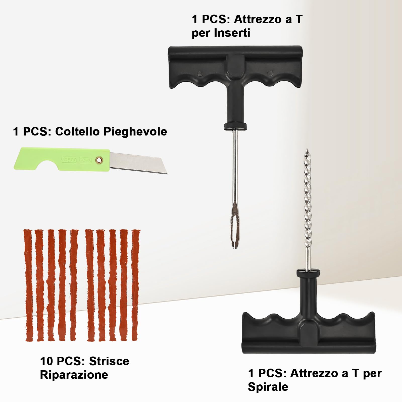 Faburo Kit Riparazione Pneumatici Auto, Moto, Professionali Kit Ripara Gomme Auto, 2 Strumento a T e Cutter, Strisce Riparazione Pneumatici, Per Moto, Camion, Jeep, ATV, Auto, ecc.
