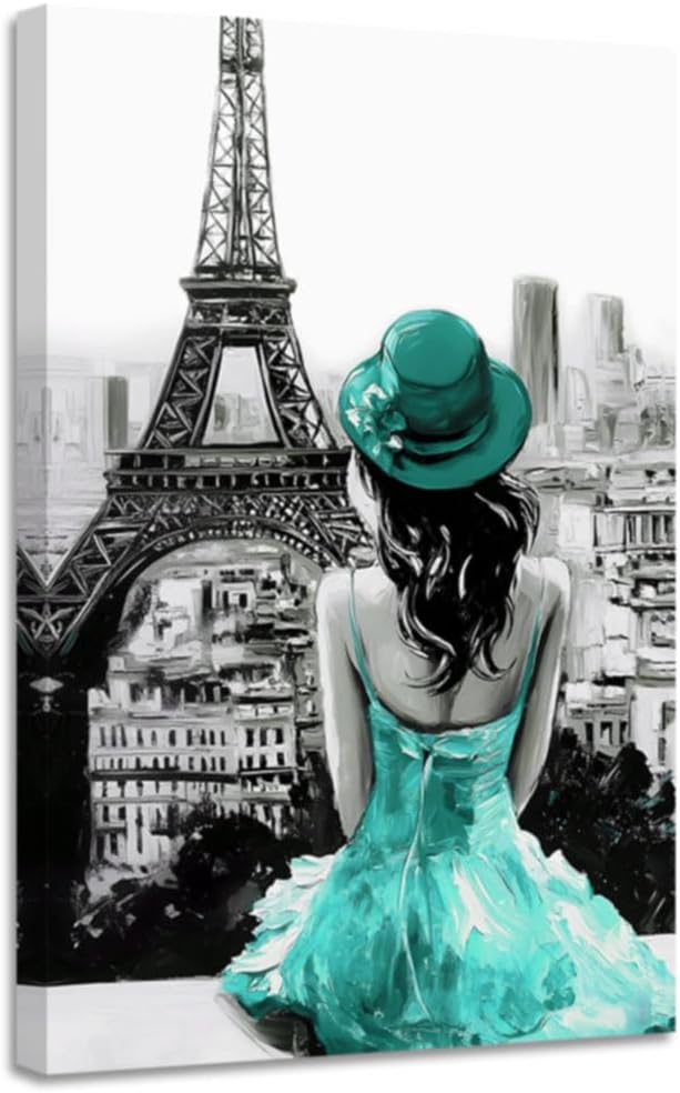 CGXLB Eiffel Tower Canvas Wall Art Paris Pictures Black and White Eiffel Tower Painting Girl Decor Framed for Bathroom Living Room Bedroom 12"x18"