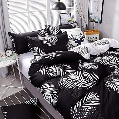 Feelyou Cute Leaf Comforter Cover Set For Girls Women, Black And White Bedding Set Full Size Kawaii Floral Duvet Cover For Kids Teens Adult Palm Leaves Home Decor Reversible Bedding Collections #TOP1