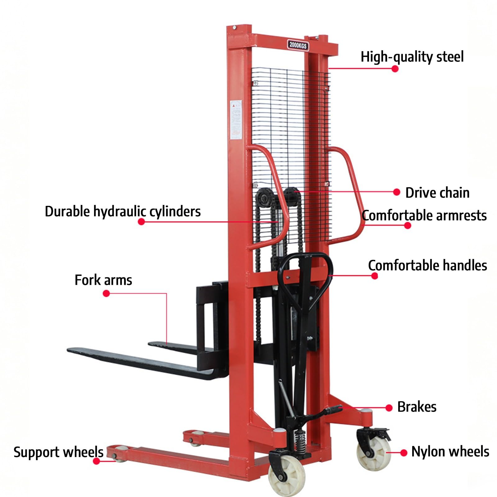Carretilla elevadora hidráulica de 160 cm de altura de elevación, | Carretilla elevadora de conductor a pie con bomba hidráulica de alta calidad y construcción robusta de acero(Load capacity: 500 kg)