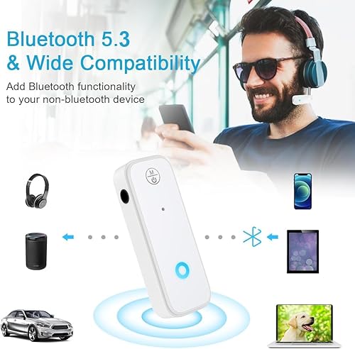 Vista 10 de JXTZ Adaptador auxiliar Bluetooth 5.3 para automóvil, transmisor Bluetooth inalámbrico 2 en 1 y receptor para auriculares, altavoz de audio