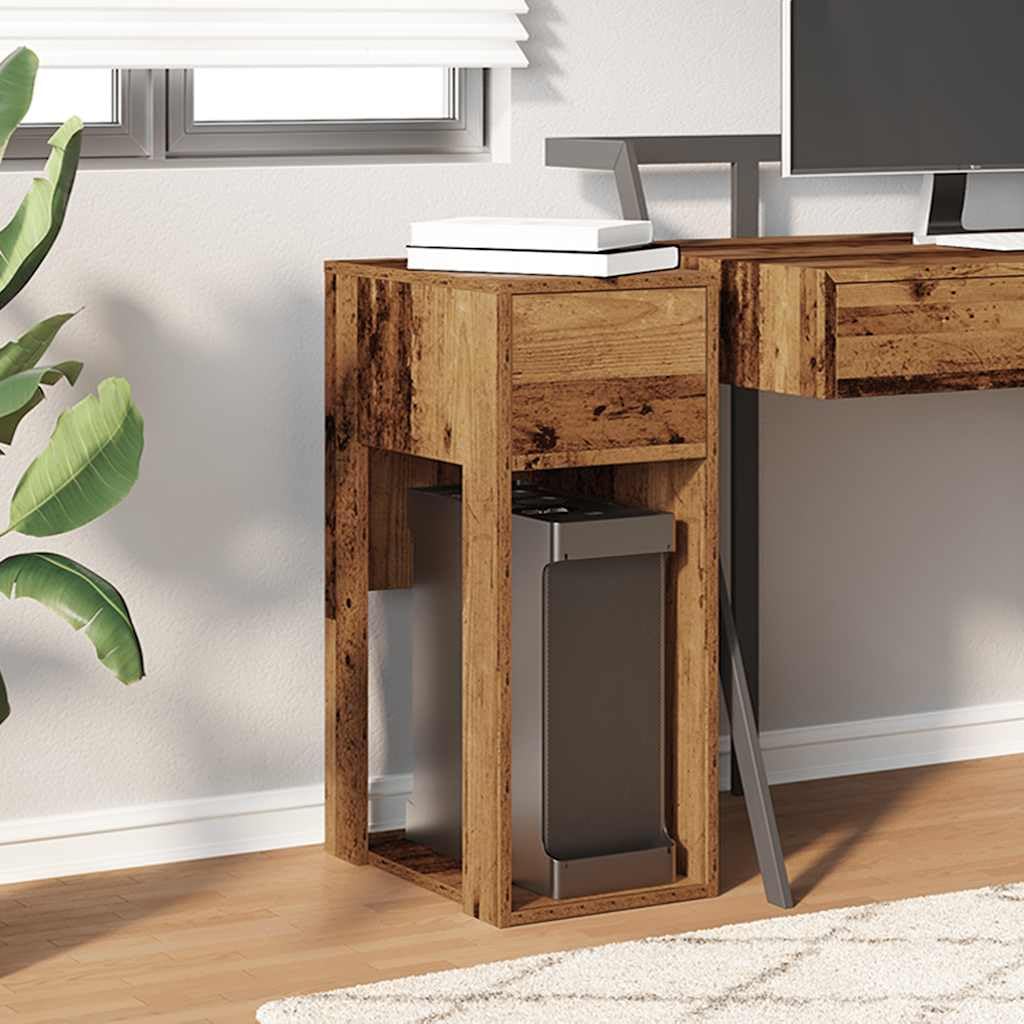 PC Unterschrank mit Schublade, Computer Tower Stand 30x44x74 cm, aus Holzwerkstoff in Altholz-Optik, Schreibtisch Beistellschrank mit offenem Fach, für Büro & Homeoffice