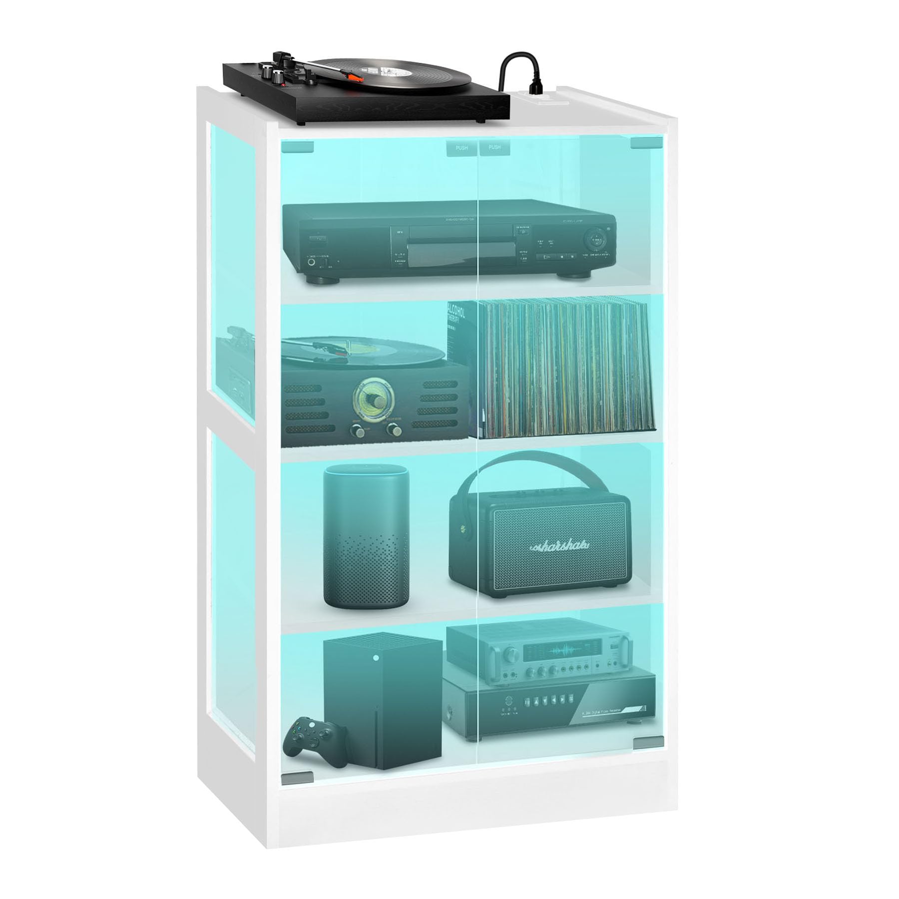 Qupui 4-Tier Media Cabinet with LED Lighting, Audio/Video Stand Featuring Built-in USB Ports and Electrical Outlets, Designed for Living Rooms and Gaming Spaces, Glass Doors