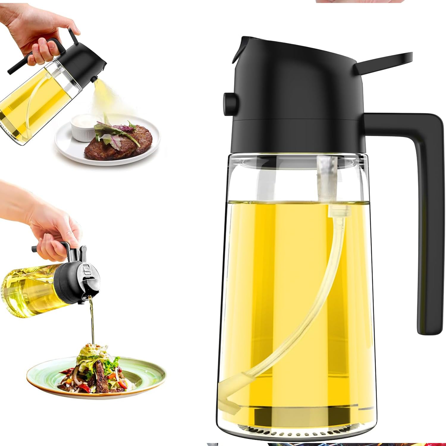 Olive Oil Dispenser, 2 in 1 Oil Sprayer for Cooking, 500ml Glass Oil Spray Bottle with Pourer, Food-grade Oil Dispenser and Oil Sprayer for Kitchen, Salad, Frying, BBQ