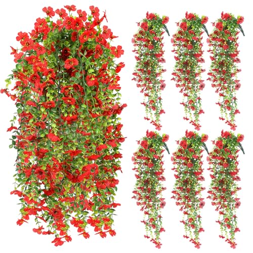FineCheer 6 Pcs Fall Artificial Hanging Flowers Outdoor, Red