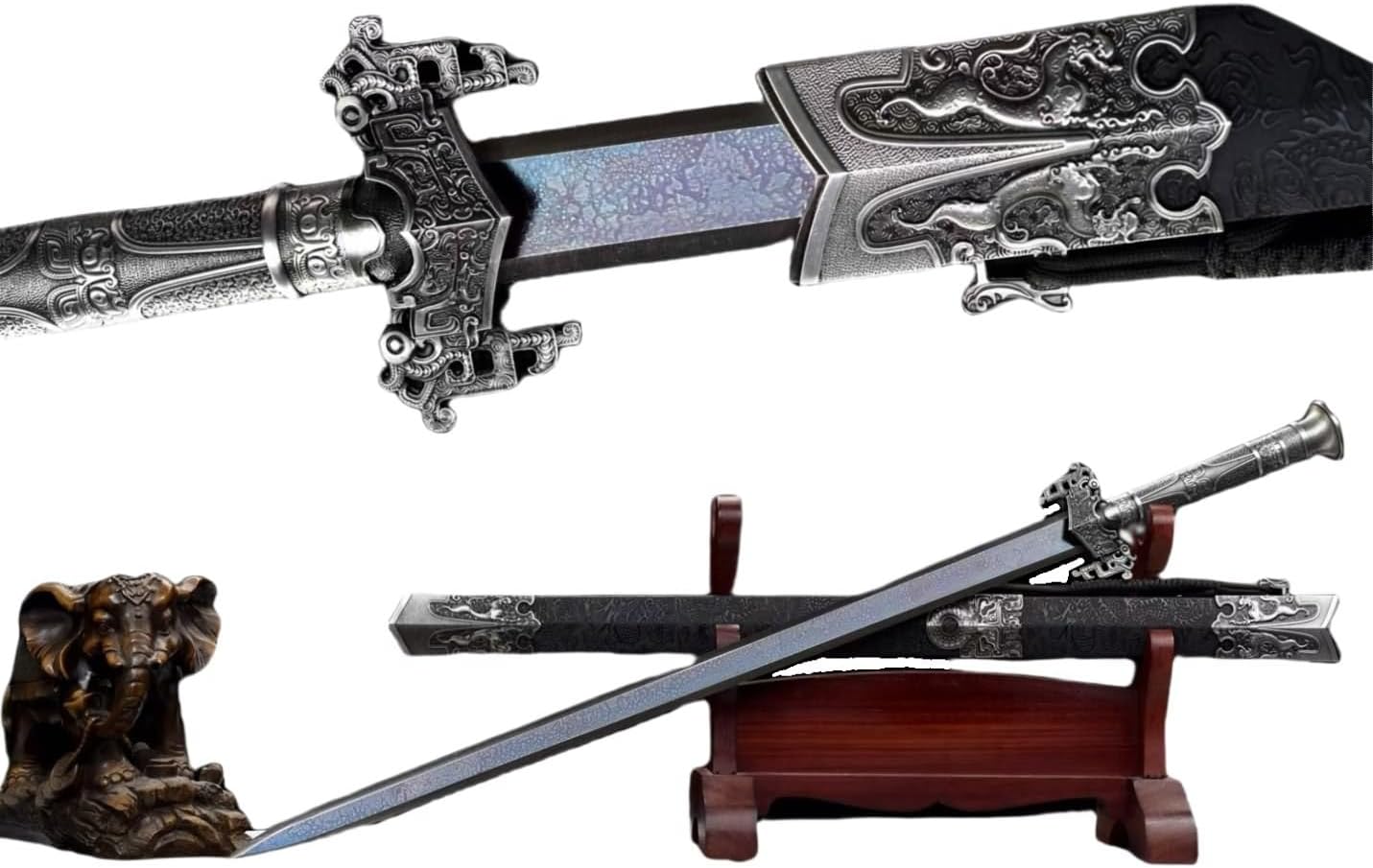 LOONGSWORD Handmade Chinese Han Sword | High Manganese Steel Blue Blade | Traditional Longquan Forging | 40.2'' Total Length | Collectible Martial Arts Gift
