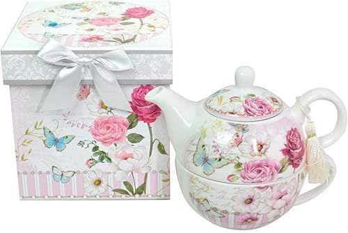 Lightahead Té de porcelana de hueso para un juego en diseño de rosas, en atractiva caja de regalo reutilizable hecha a mano (con cuentas y cinta)