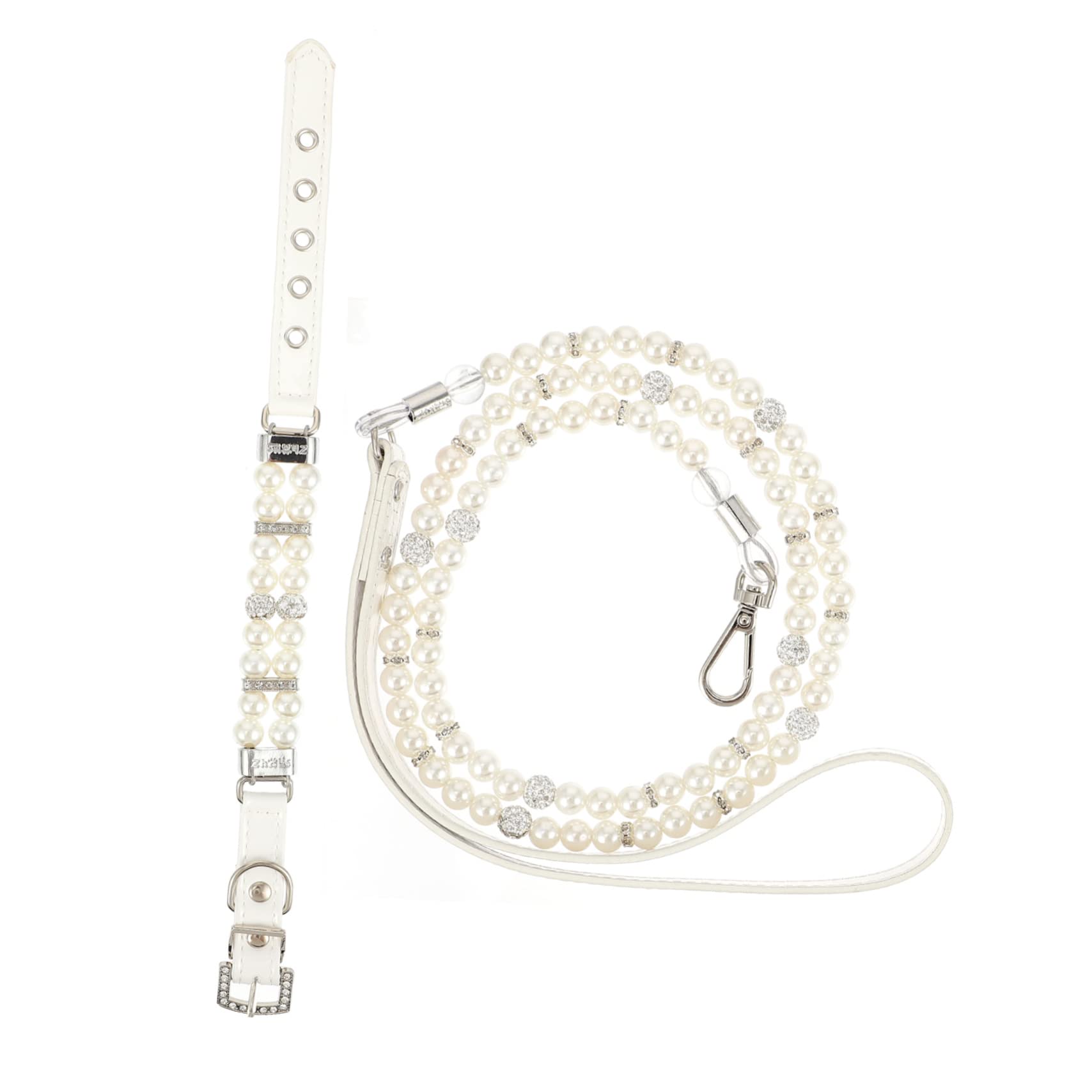 VANZACK 2Pcs Pet Dog Leash Dog Safety Collar Set Adjustable Flexible PU Leather Faux Pearls Size S 8.17-9.84Inch Neck Circumference Outdoor Walking