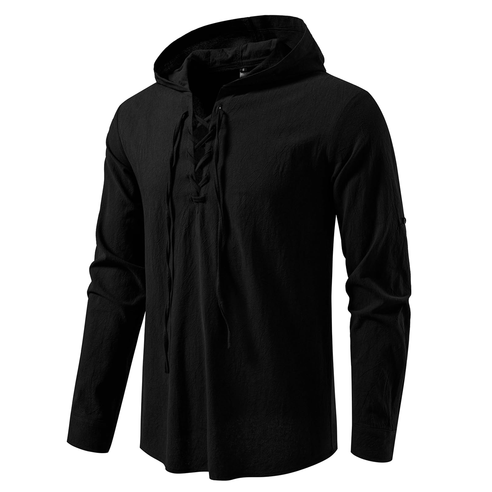 MakingDa Lace Up Hooded Shirt Men Medieval Viking Tunic Costume Cotton Pirate LARP Tops Loose Fit Long Sleeve Steampunk Renaissance Victorian-Black-S