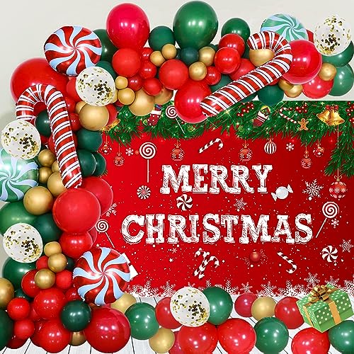 Décorations de fête de Noël avec arche de ballons rouge et vert et toile de fond pour salon