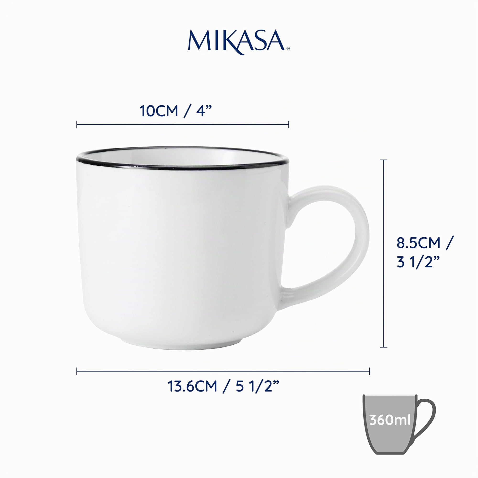 Mikasa Limestone Juego de Tazas de Porcelana, 4x Tazas de Porcelana con Borde Negro para Té y Café, 360ml| En Caja de Regalo y Aptas para Lavavajillas
