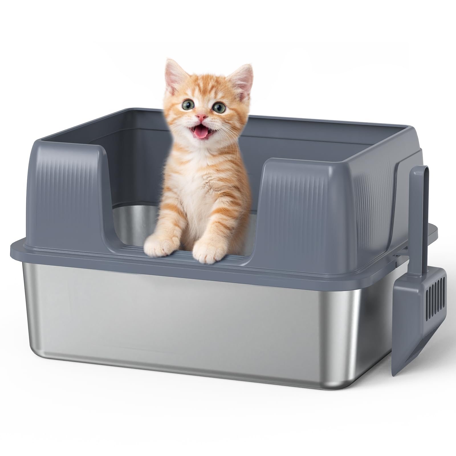 SZEE Caja de arena cerrada de acero inoxidable para gatos pequeños, 43 x 33 x 13 cm, gris
