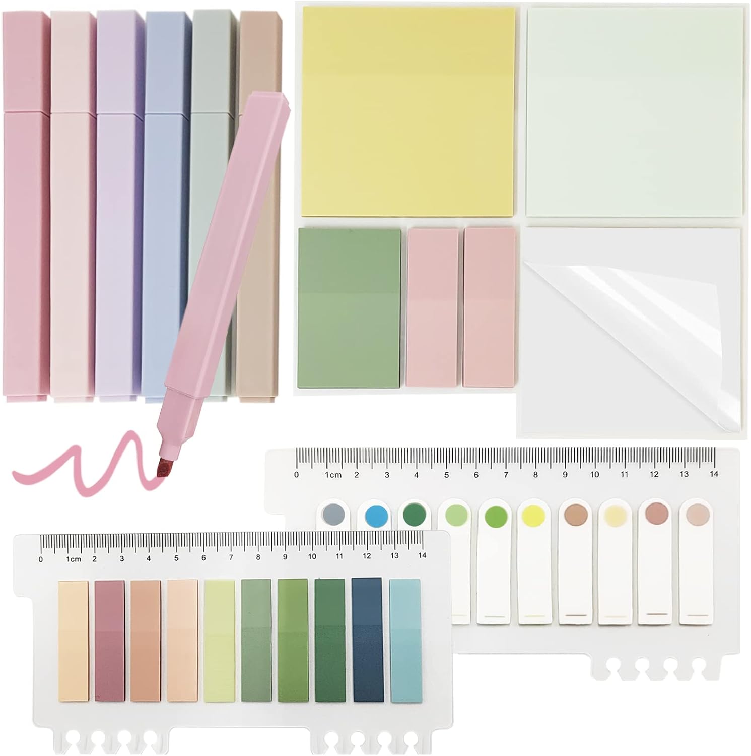 706 Transparent Sticky Notes Tabs with Highlighters, Include 6 Pastel