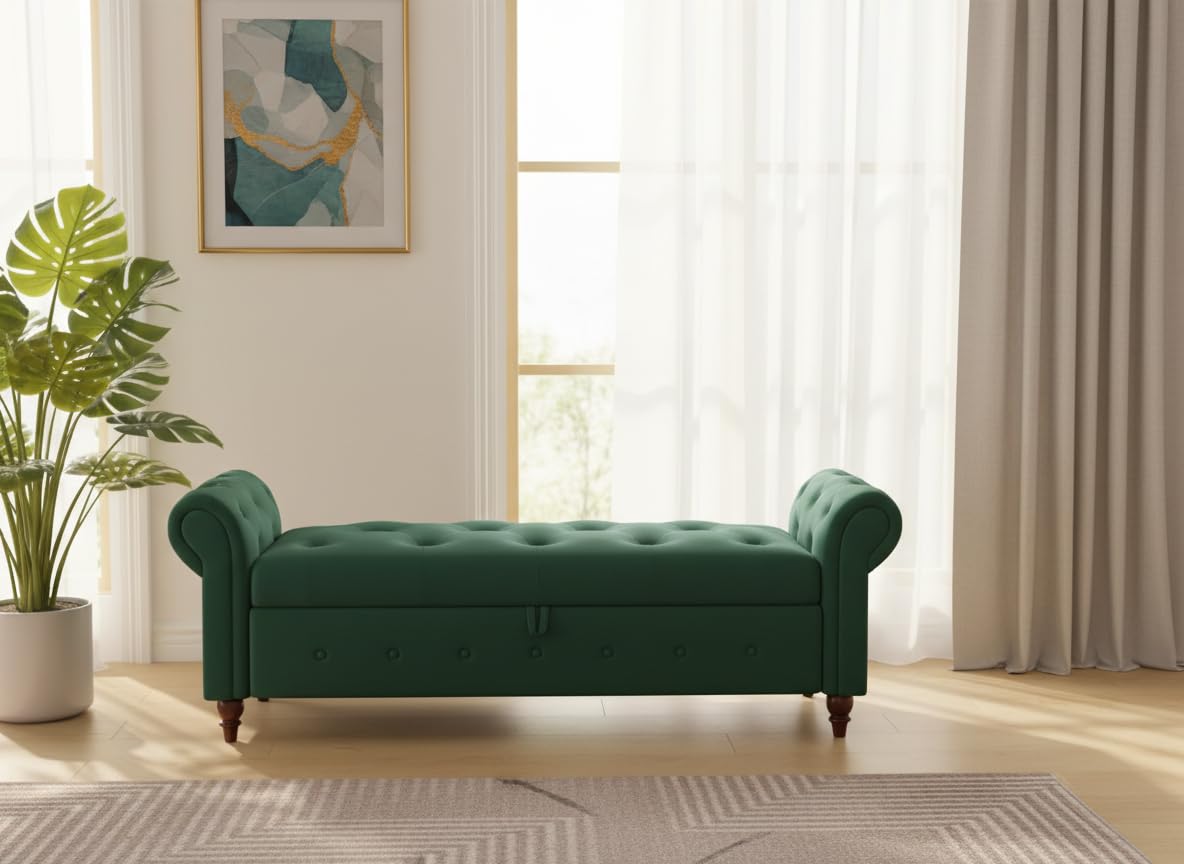 dmk sheesham wood fabric upholstered bench with armrests | tufted puffy settee 3 seater sofa bench for bedroom, living room & hallway | solid wood frame upholstered accent seating bench (green)