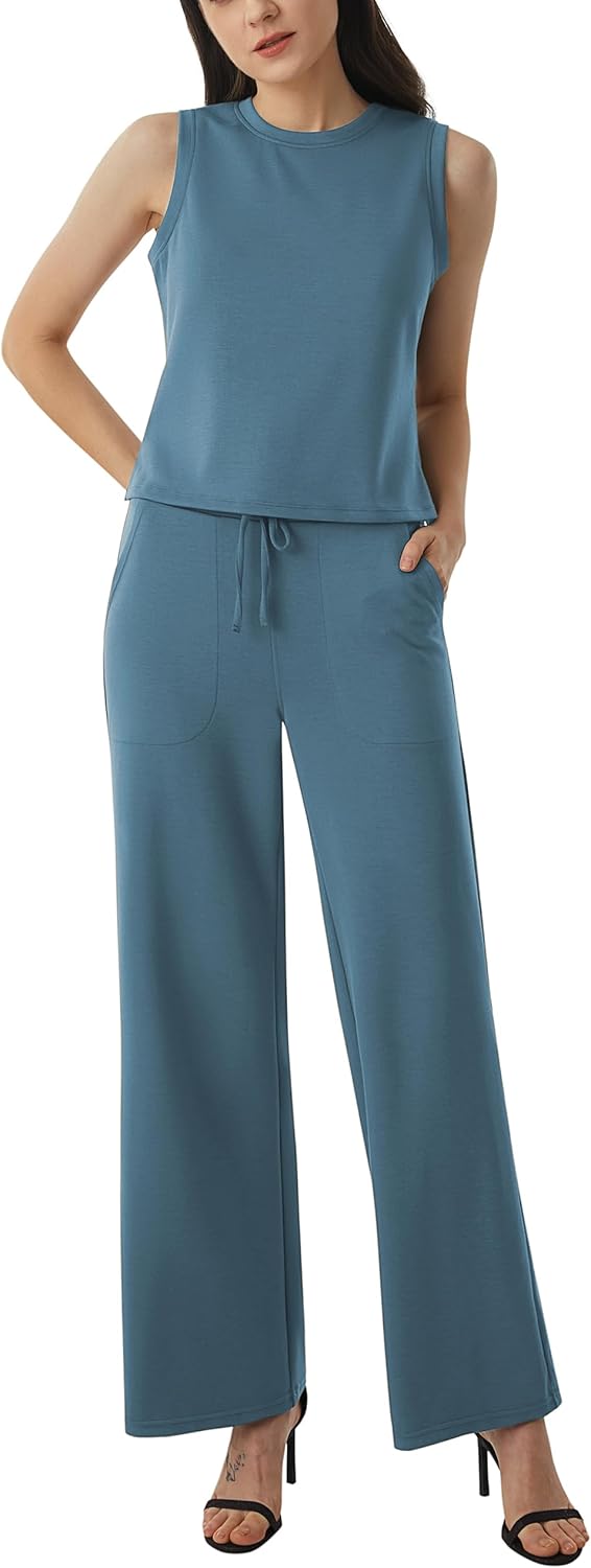 AFITNE Women's 2 Piece Lounge Set Air Essentials Outfits Sleeveless Tank Crop Top Wide Leg Sweatpants 2026 Tracksuit