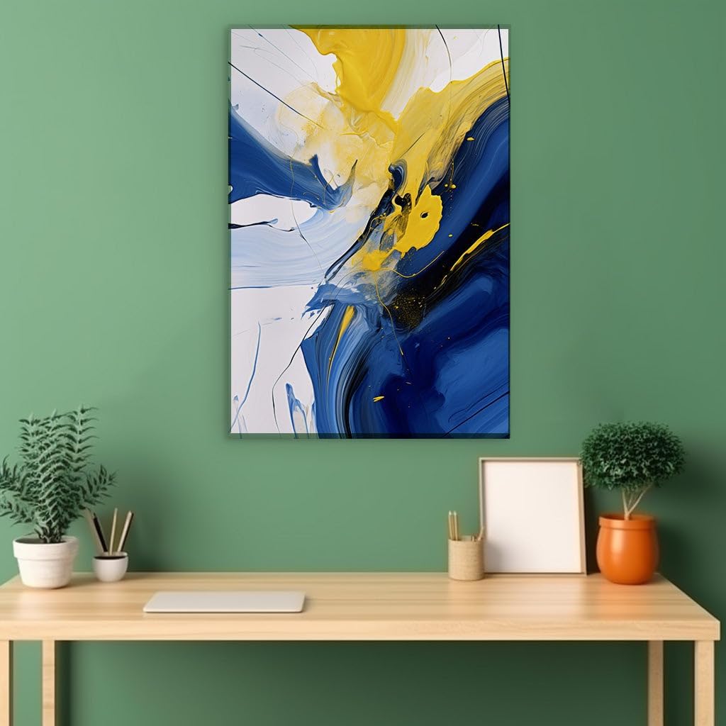 Canvas for Living room. Dancing Colors in Motion: A Symphony of Blue, Yellow, and White in Abstract Artistry, 27 x 18 inch Canvas Wall Art - Ready to Hang - 69x46 cm (27x18 inch)