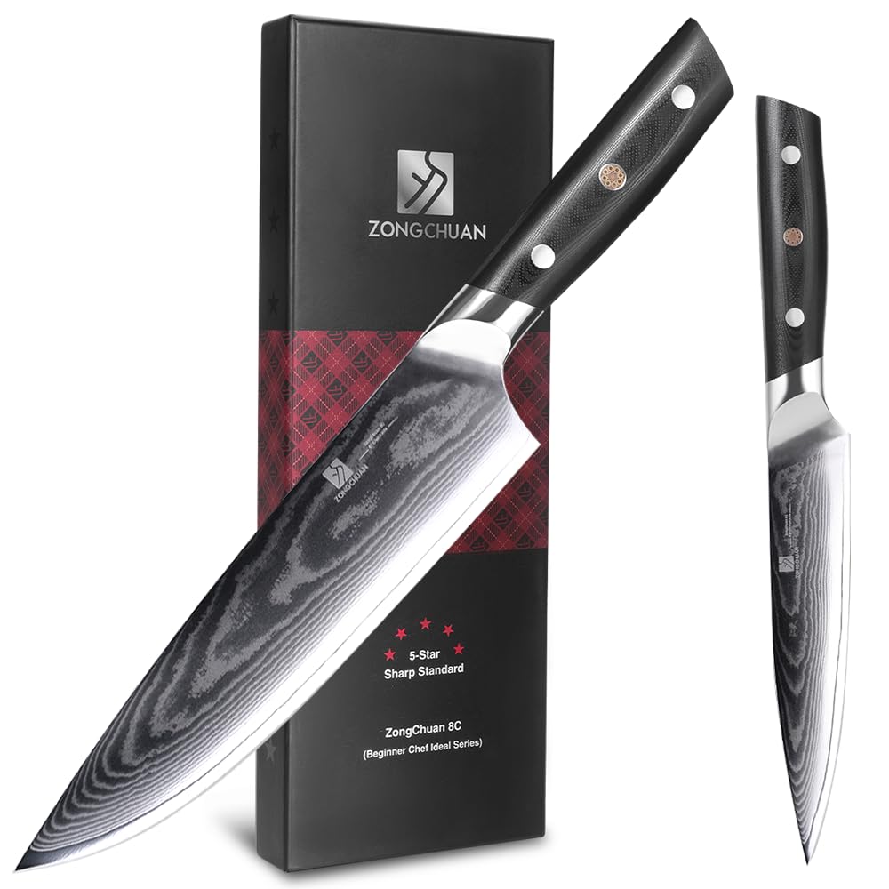 8C Damascus Kitchen Knife Set, 2pc 8" Chef & 5.5" Utility, High Carbon StainlessSteel