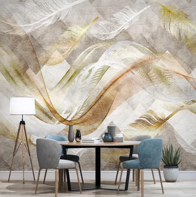 Papier peint salon 3D plume moderne pour agrandir un mur TV blanc