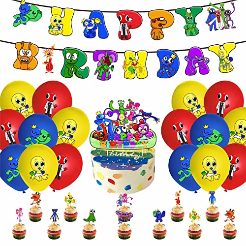 Décoration d'anniversaire Rainbow Friends - Accessoires pour amis arc-en-ciel inclus bannière d'anniversaire, ballons en latex Cover