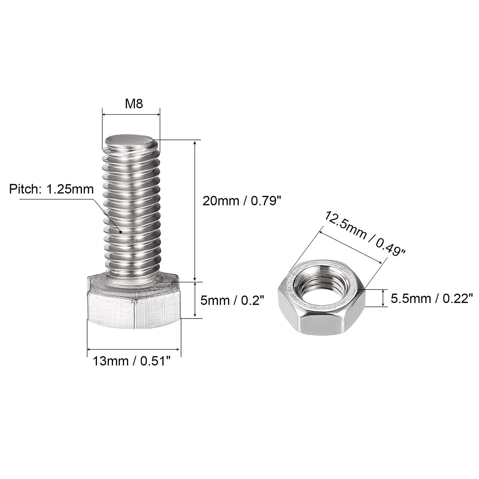 TOP-VIGOR 4Pcs M8 x 20mm Hex Head Screws Bolts, Nuts, Flat & Lock Washers Kits - Image 2