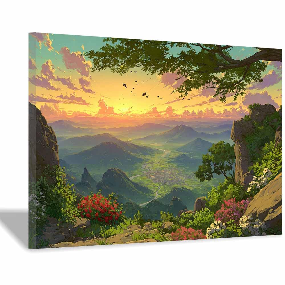 HOQIU Landscape wall art Anime Style Valley Sunset canvas art, art print, house decor, bedroom wall decor above bed, prints for living room.(Multicolor)-80x120cm Framed