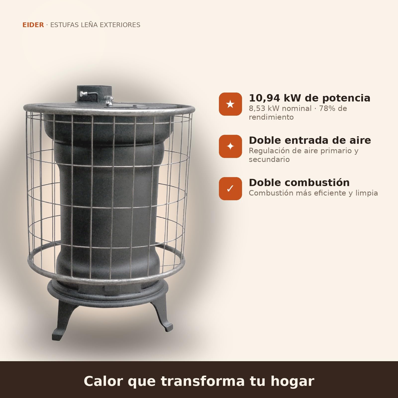 EIDER BIOMASA Estufa de Leña RÚSTICA EXTERIORES – 8,53 kW (máx. 13,05 kW) – Rendimiento 78% – Hasta 213 m³ – Doble Combustión – Certificada CE