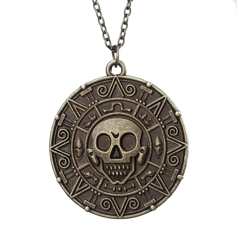 Pirates of the Caribbean Skull Coin Medallion Necklace Pirate Costumes, Aztec Gold Coin Accessories, Halloween Party Jewelry Gifts