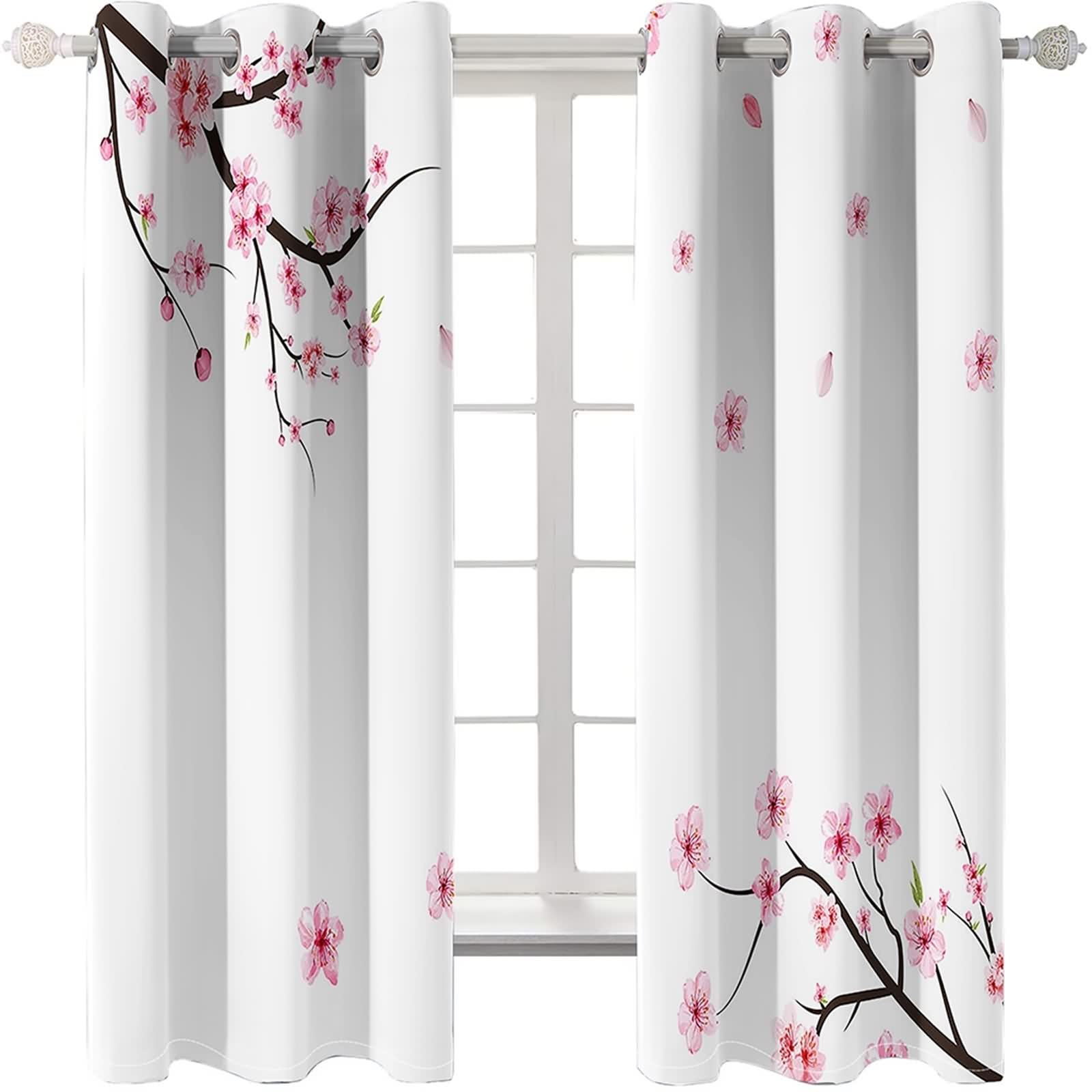 Rideau Anniversaire, Rideau Chambre Rose Noir Blanc Polyester Branches de Cerisier 152L x 244H CM Lot de 2