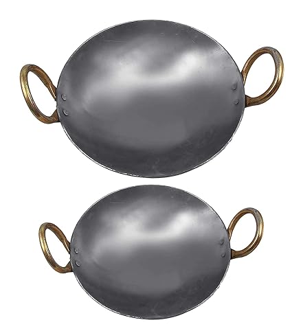 KITCHEN SHOPEE Iron 2 PES cookware Set Combo Kadai Frying Cooking Fry Kadhai Pan Multipurpose Heavy Base with Handle 11 inch 28 cm 12 inch 31 cm 8.5 Liters Induction Friendly Silver Color