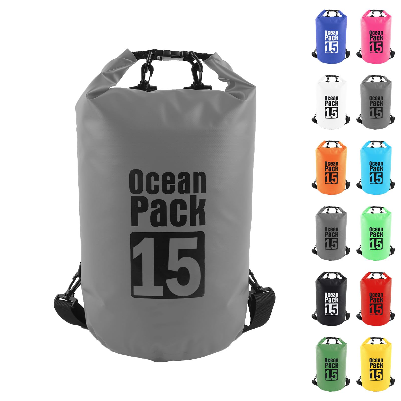 MOMAHUA 15L Waterproof Dry Bag Backpack with Double Shoulder Straps - Grey Durable PVC Roll Top Dry Sack - Heavy Duty Reusable Rucksack for Kayaking, Boating, Beach & Travel