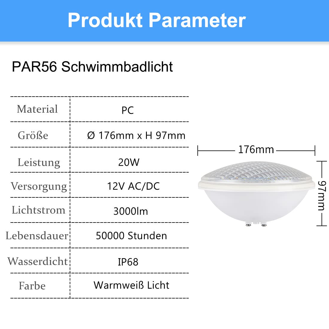 LED Poolleuchten, PAR56 Unterwasserleuchten, Warmweiß Schwimmbadleuchten, IP68 Wasserdichte Poolbeleuchtung, 20W 12V AC/DC Unterwasser Beleuchtung
