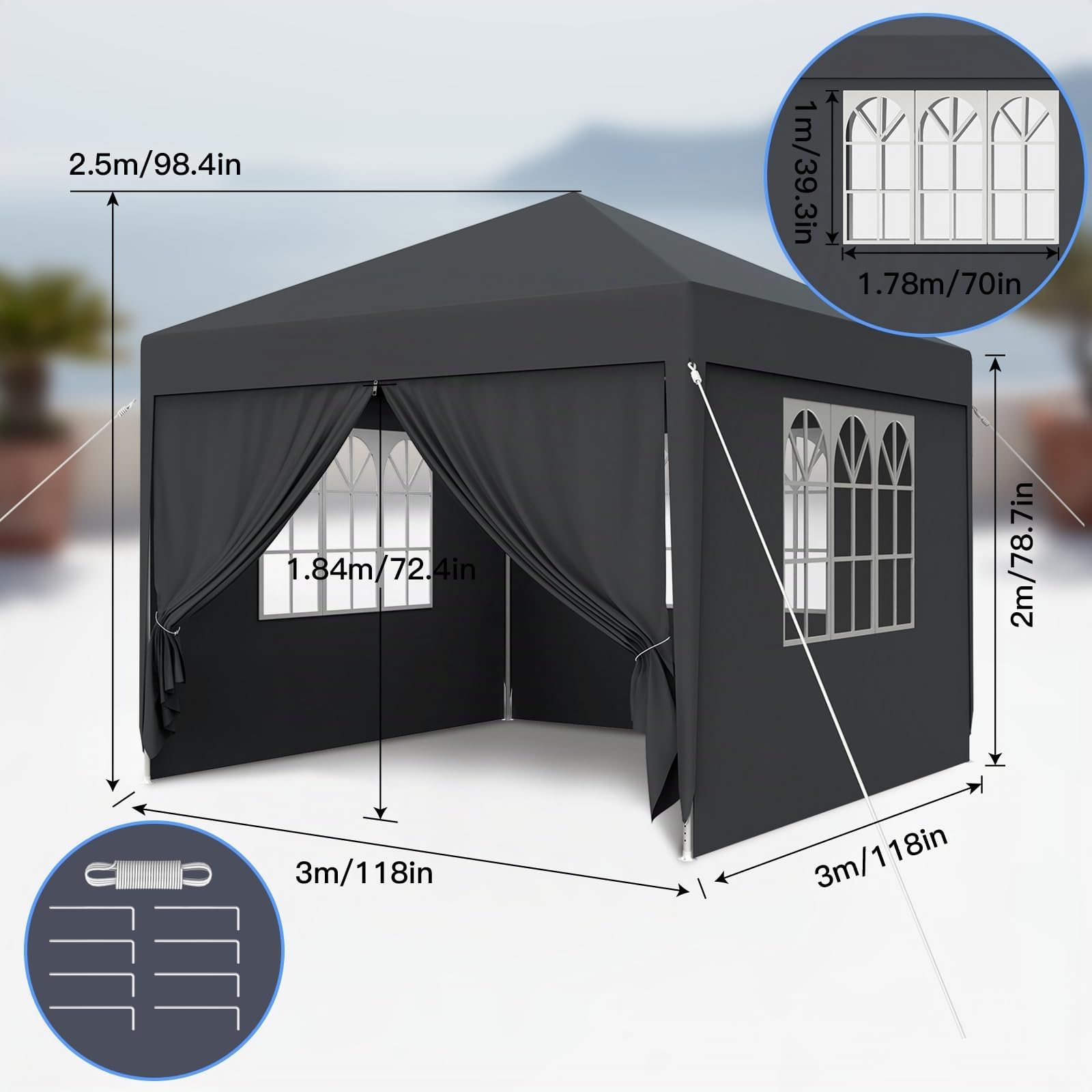 Kuro sagol Tonnelle de Jardin 3x3M,Tente Réception,Tente de Campingavec Fenêtres、Parois Latérales，Imperméable,Anti UV，Résistant au Vent Auvent,Barnum pour Camping Festival Plage,Anthracite