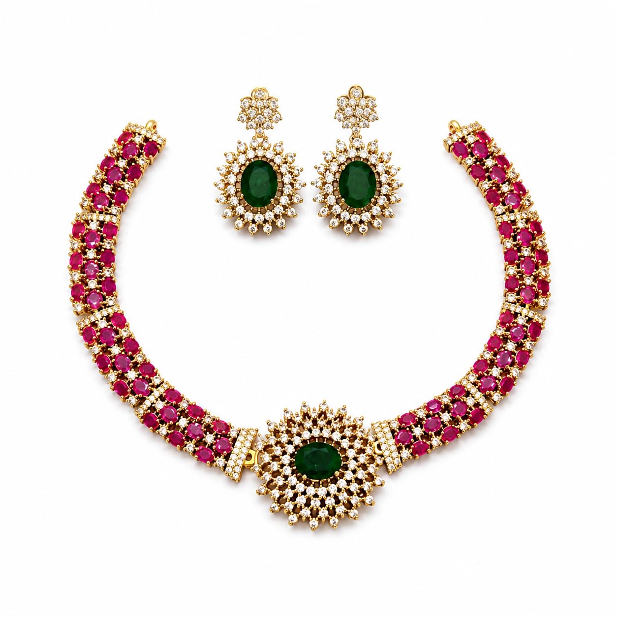 Micro Gold Plated Ruby Green AD Stone Necklace Set for Women | American Diamond Bridal Jewellery Set with Earrings | Traditional Wedding Necklace | Designer Ethnic Jewellery-image-39