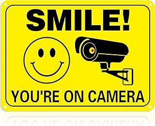 Smile You’re on Camera Sign, Rust Free Aluminum Video Surveillance Signs, Security Signs Outdoor 10 X 7 inch, UV Printed, Warning Signs for Home,Business, CCTV, Driveway Alert (Yellow)
