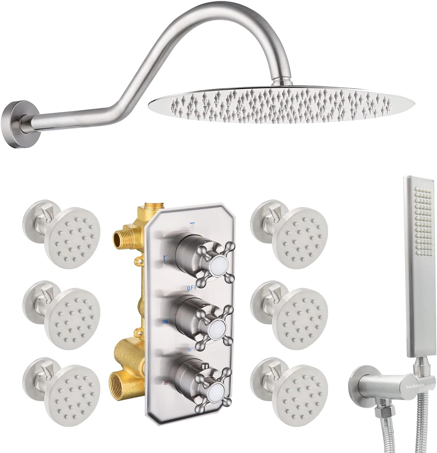 All Metal Thermostatic Shower System Backnets Wall Mounted Antique Shower Faucet Set with Body Jets and Handheld, Bathroom Mixer Shower Set Wall Mounted Rough-in Valve and Trim Kit Brushed Nickel
