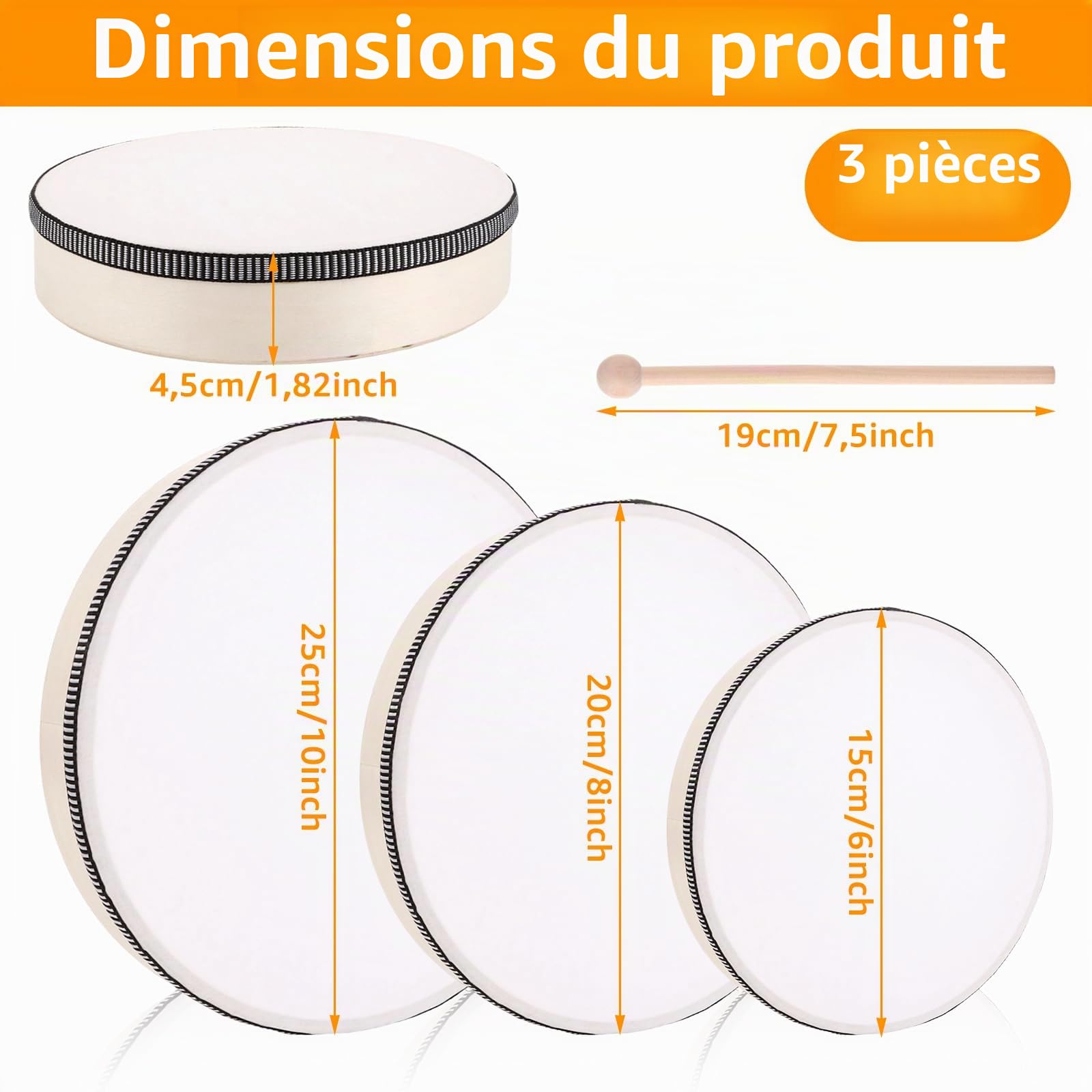 MIVIDE 3 Pièces Tambourin à main avec Maillet, Tambourins 15 cm, 20 cm et 25 cm, Tambourin à Main en Bois pour Fête, Performance