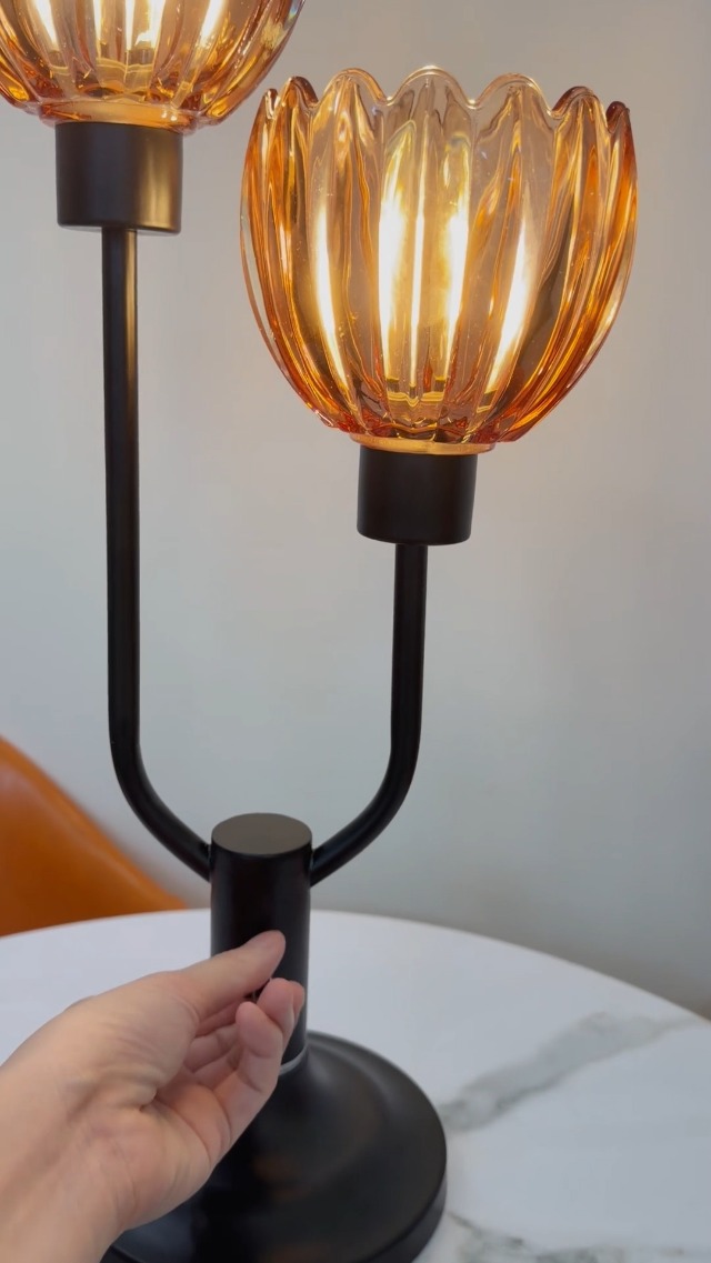Image of Lightdot Mid Century Modern Flower Table Lamp for Living Room Pink Dimmable | Nightstand Lamp Glass Vintage Black Desk Lamp 2 Bulbs Included Warmwhite Ambient Bedside Lamps for Bedroom Home Decor Gift